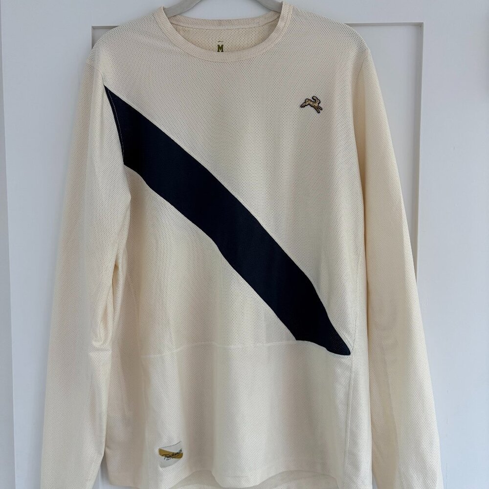 Tracksmith Van Cortlandt Long Sleeve Running Shirt Mens Medium Ivory Navy